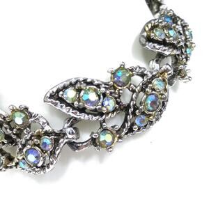 Vintage 1960s Aurora Borealis Rhinestone Leaf Bracelet, Rhodium Plated, 7 1/4 In